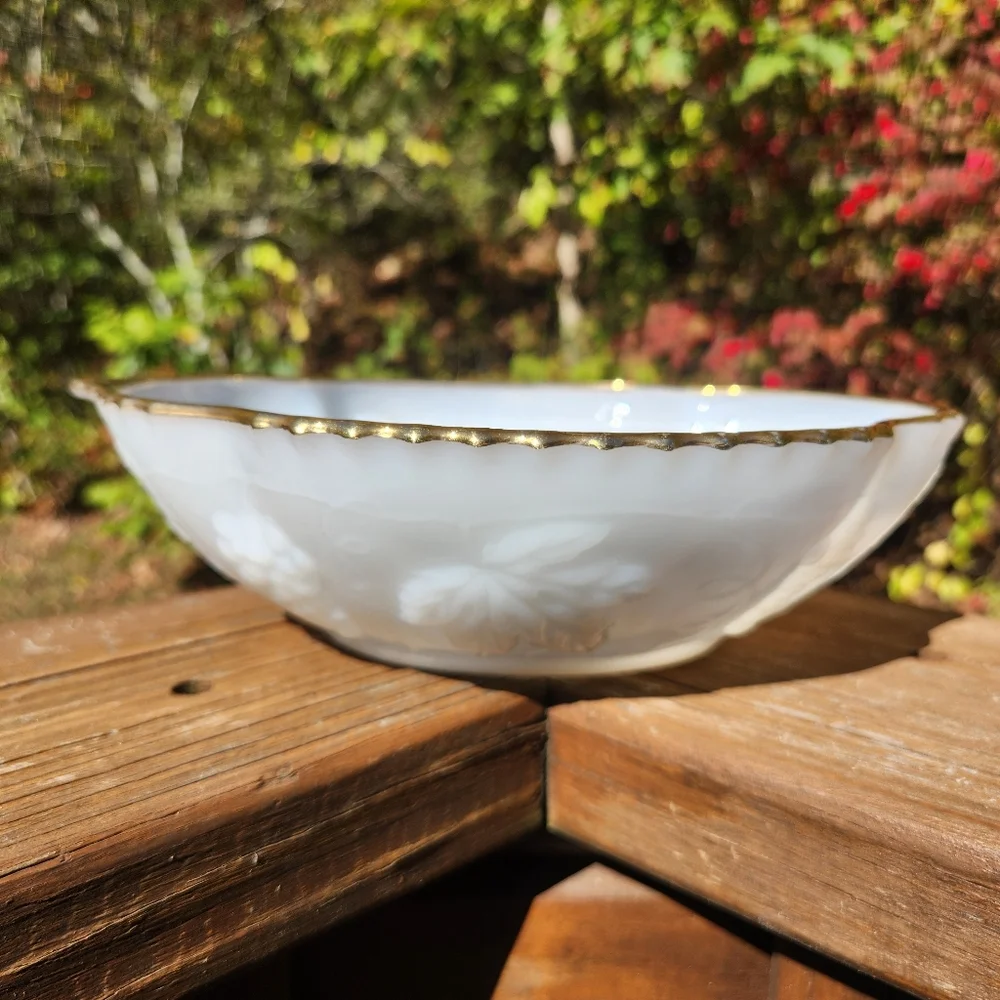 Vintage Anchor Hocking Milkglass Bowl With Grape & Vine Pattern and Gold Trim